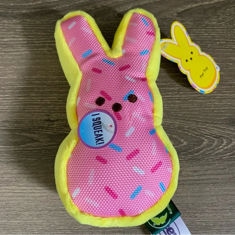 Peeps Plush Dog Toy Squeaker Angry Eyebrows Easter Bunny Pink Yellow